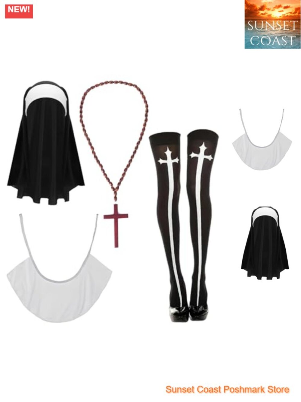 Nun Costume Accessories Set Headpiece Collar Stockings Cross Necklace Cosplay